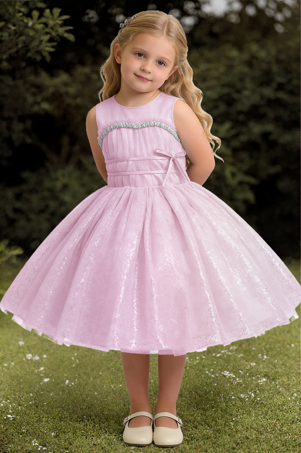 Sky Blue Glitter Tulle Rhinestone & Satin Bow A-Line Flower Girl Dress