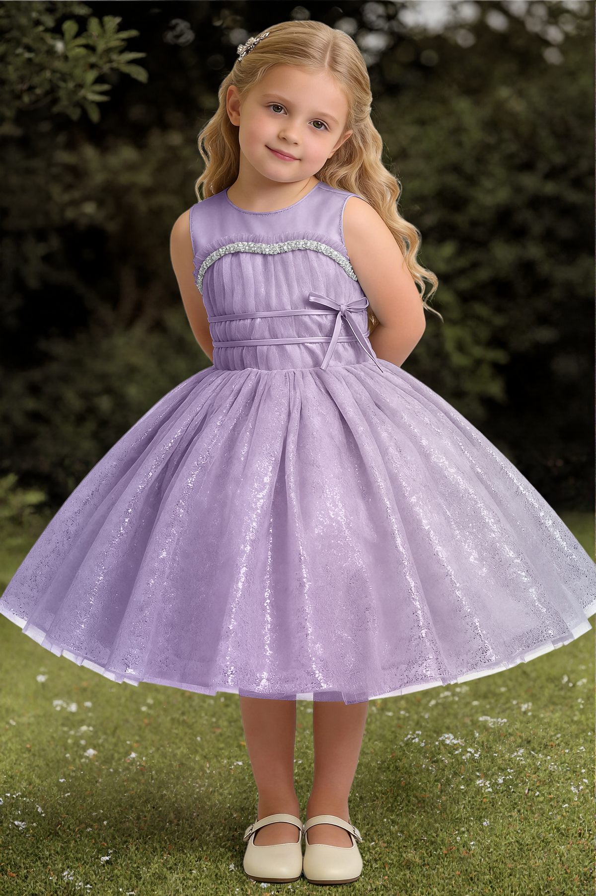 Sky Blue Glitter Tulle Rhinestone & Satin Bow A-Line Flower Girl Dress