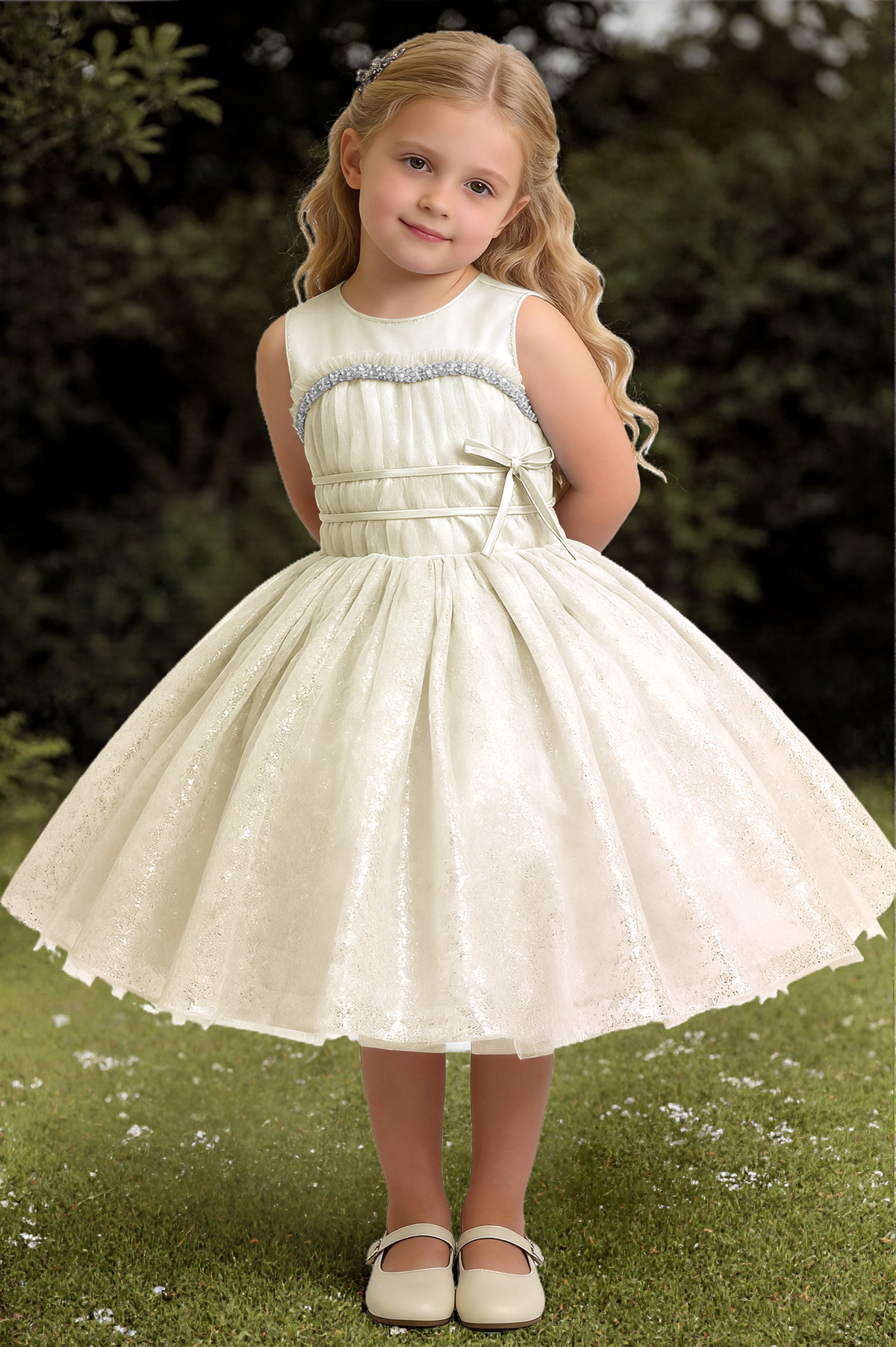 Sky Blue Glitter Tulle Rhinestone & Satin Bow A-Line Flower Girl Dress
