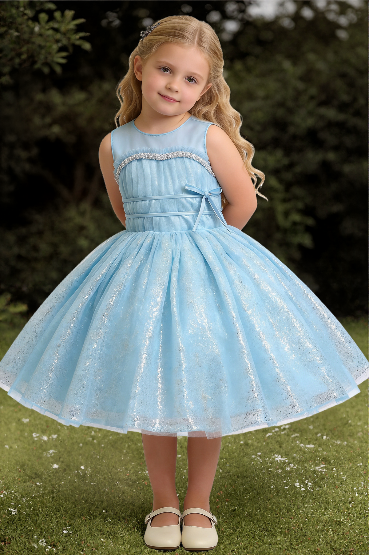 Sky Blue Glitter Tulle Rhinestone & Satin Bow A-Line Flower Girl Dress