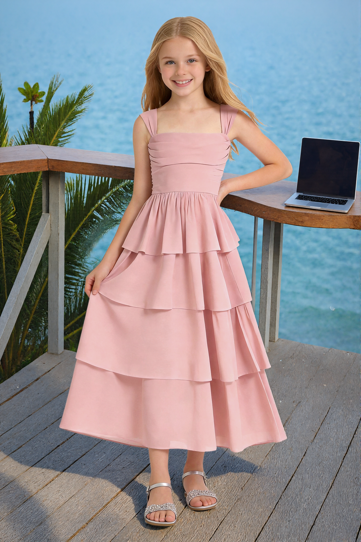 Pink Square Strap Tiered Chiffon Maxi A-Line Flower Girl Dress