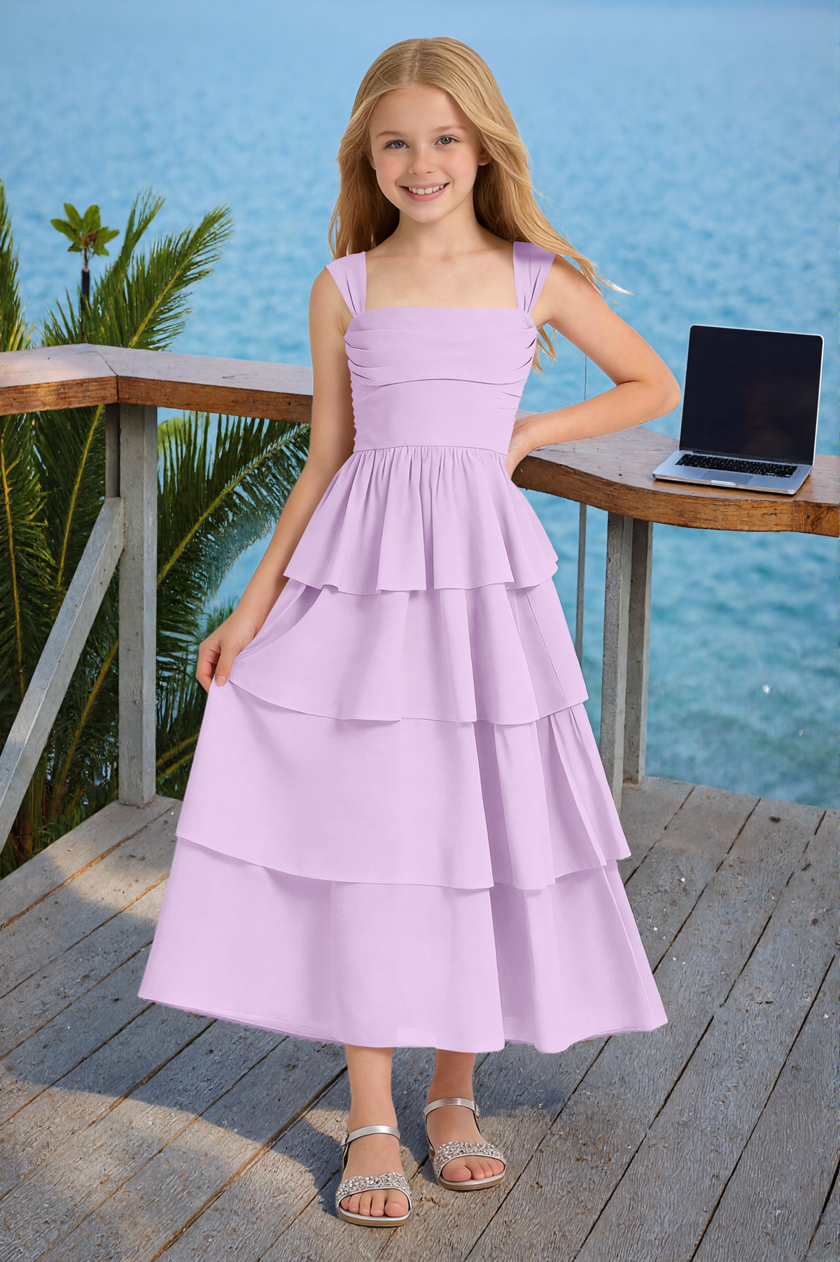 Pink Square Strap Tiered Chiffon Maxi A-Line Flower Girl Dress