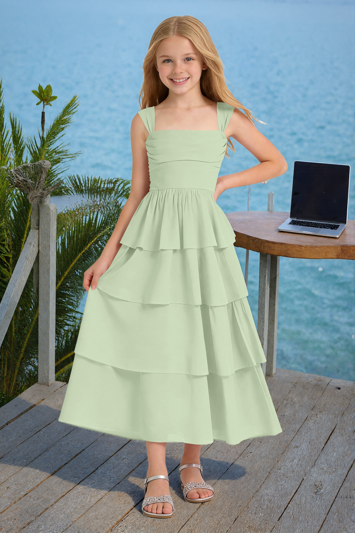 Pink Square Strap Tiered Chiffon Maxi A-Line Flower Girl Dress