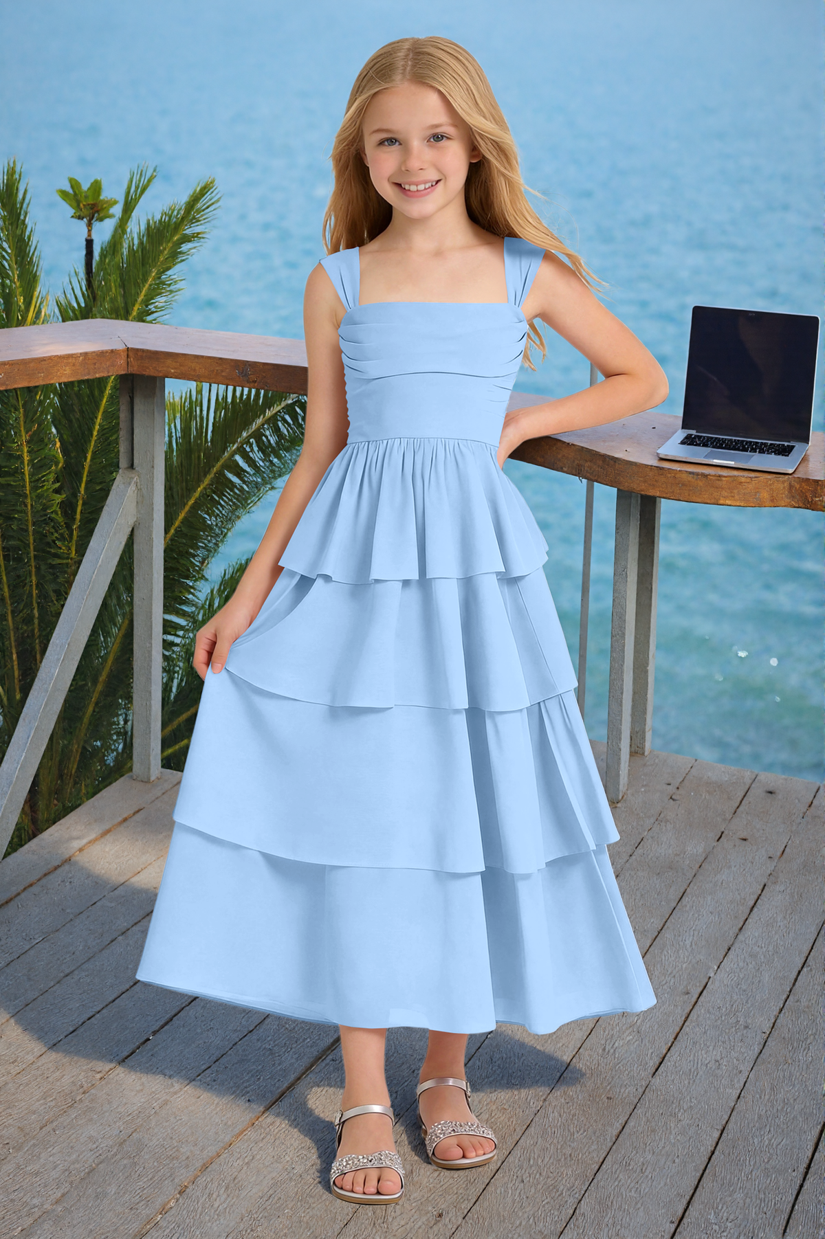 Pink Square Strap Tiered Chiffon Maxi A-Line Flower Girl Dress