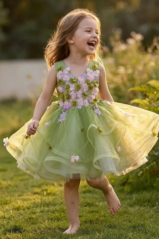 Sage Green 3D Floral Lace Tulle A-Line Flower Girl Tutu Dress