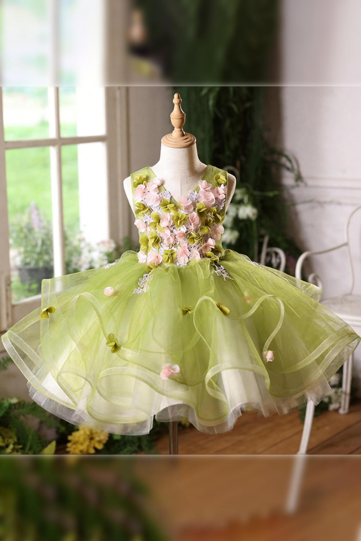 Sage Green 3D Floral Lace Tulle A-Line Flower Girl Tutu Dress