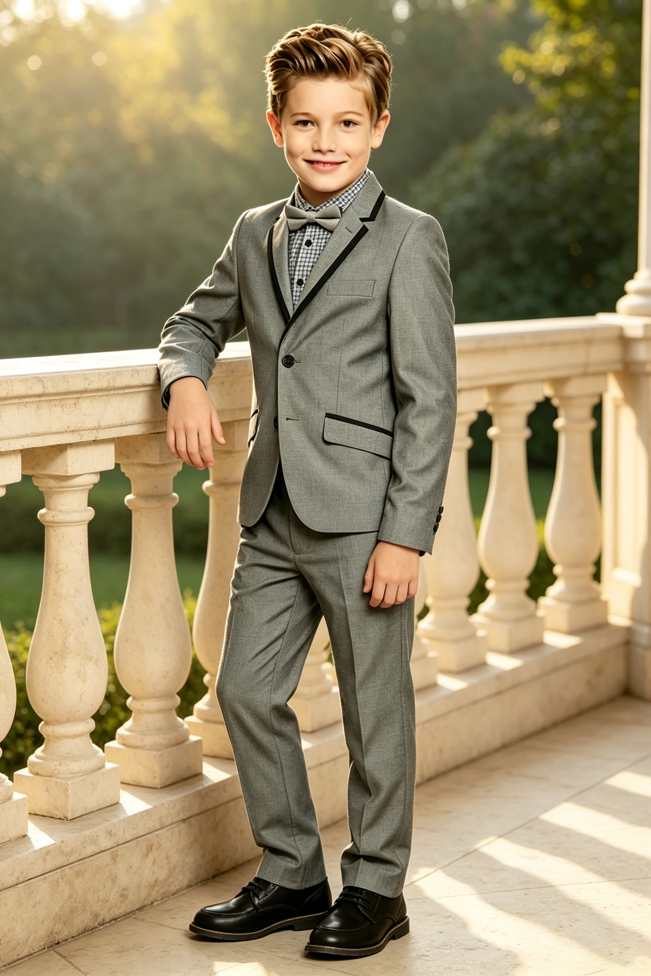 Dark Grey Cotton Linen-Blend Black Piping Trim Suit 2-Piece Set