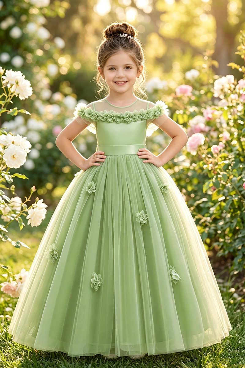 Girls Dusty Blue Satin Tulle Floor-Length Gown with 3D Florals & Back Satin Bow