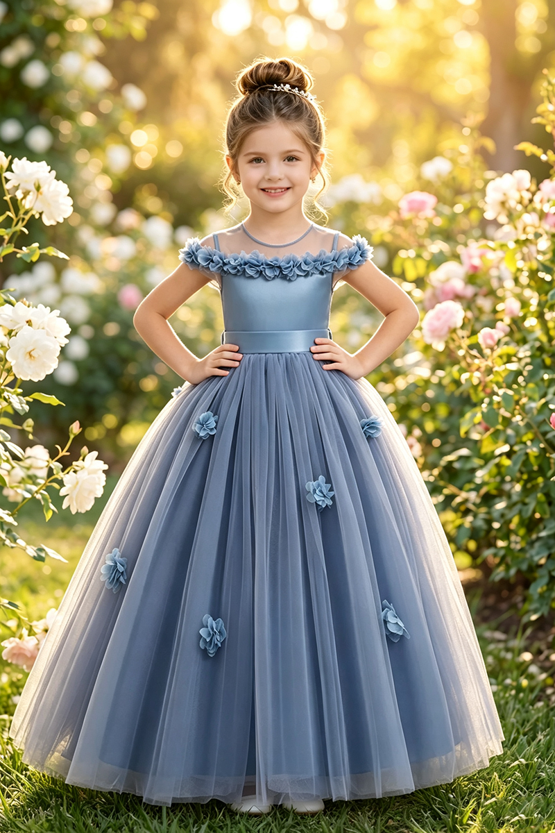 Girls Dusty Blue Satin Tulle Floor-Length Gown with 3D Florals & Back Satin Bow