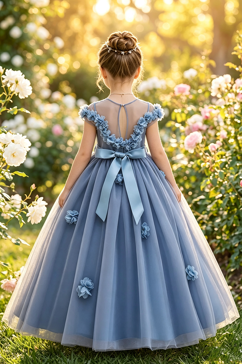 Girls Dusty Blue Satin Tulle Floor-Length Gown with 3D Florals & Back Satin Bow