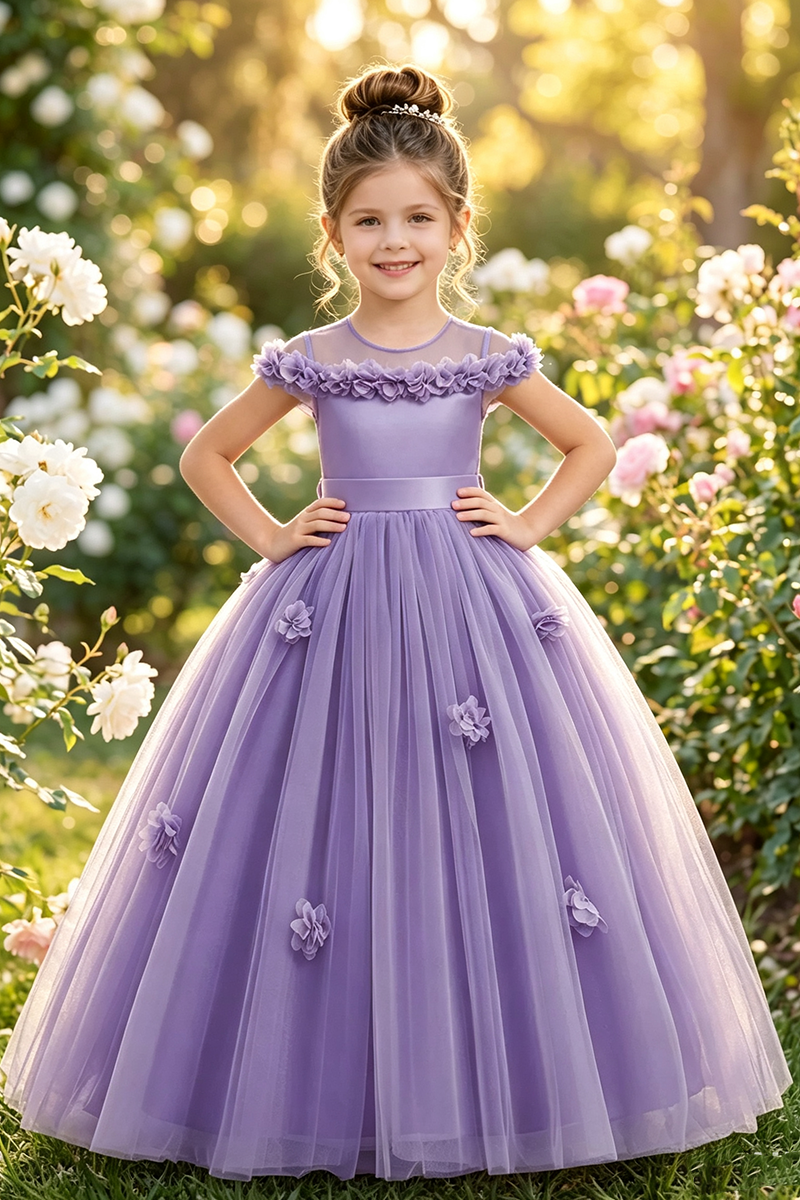 Girls Dusty Blue Satin Tulle Floor-Length Gown with 3D Florals & Back Satin Bow