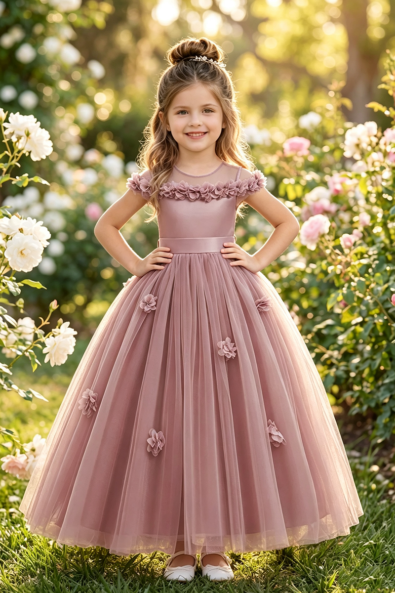 Girls Dusty Blue Satin Tulle Floor-Length Gown with 3D Florals & Back Satin Bow