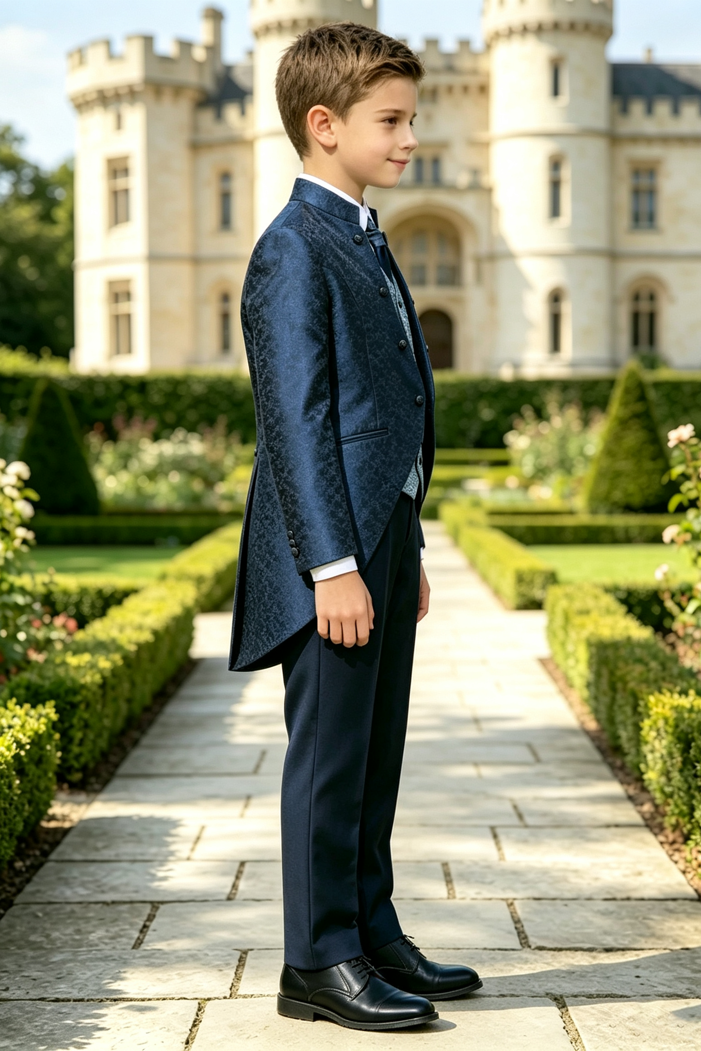 Navy Satin Jacquard Tailcoat Light Blue Pattern Waistcoat 3-Piece Suit