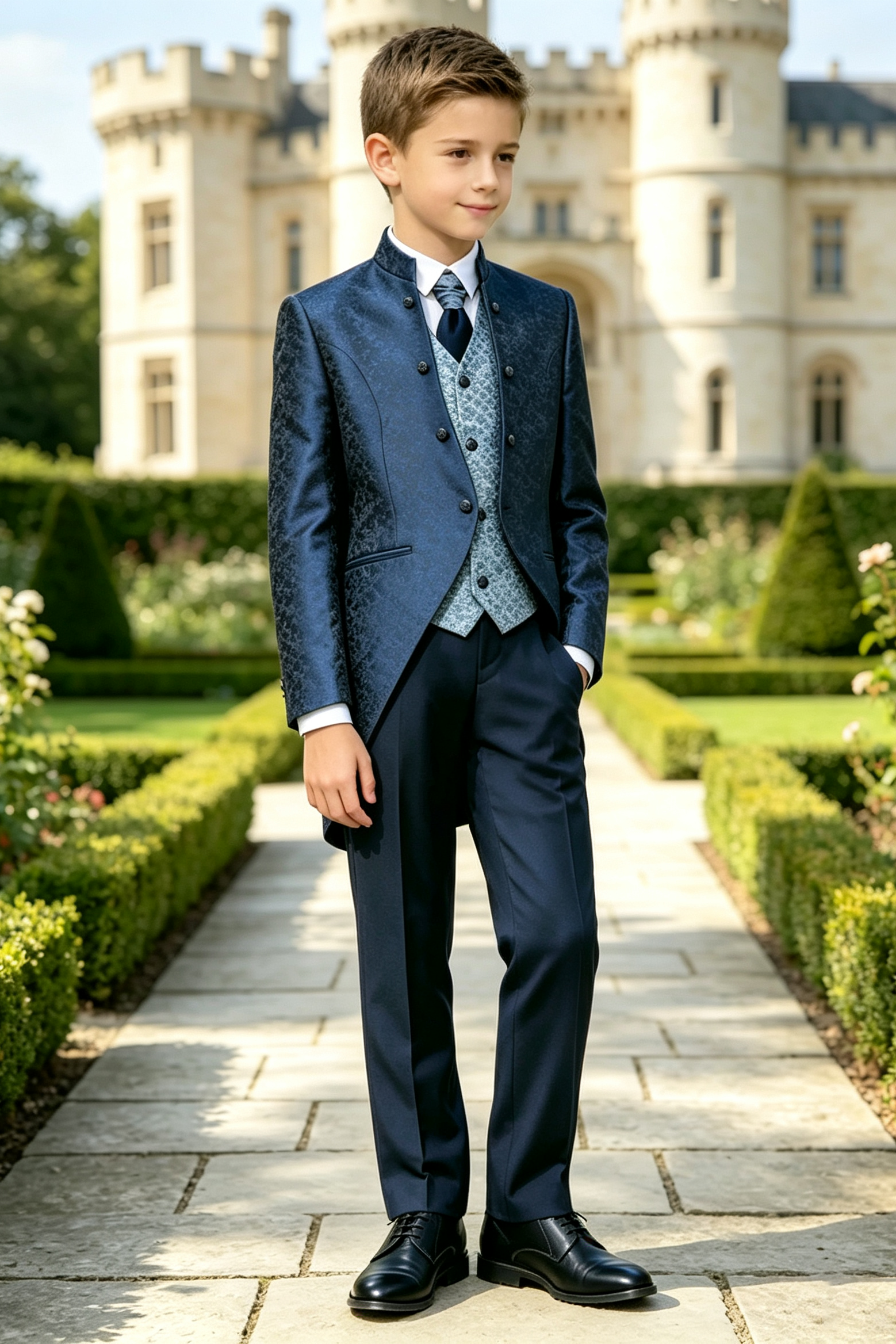 Navy Satin Jacquard Tailcoat Light Blue Pattern Waistcoat 3-Piece Suit