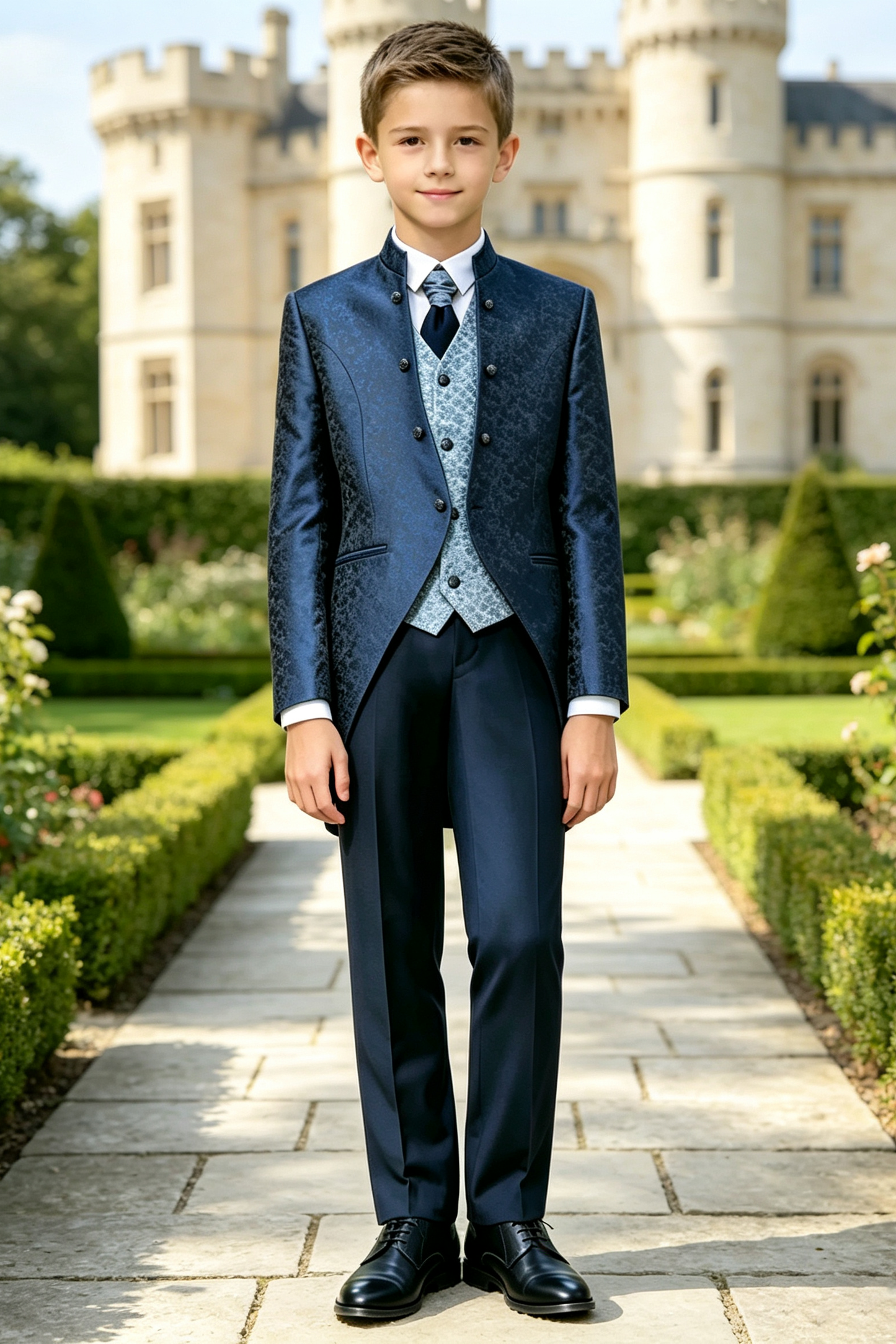Navy Satin Jacquard Tailcoat Light Blue Pattern Waistcoat 3-Piece Suit