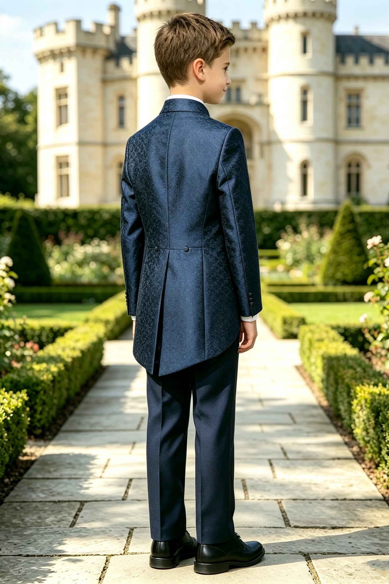 Navy Satin Jacquard Tailcoat Light Blue Pattern Waistcoat 3-Piece Suit