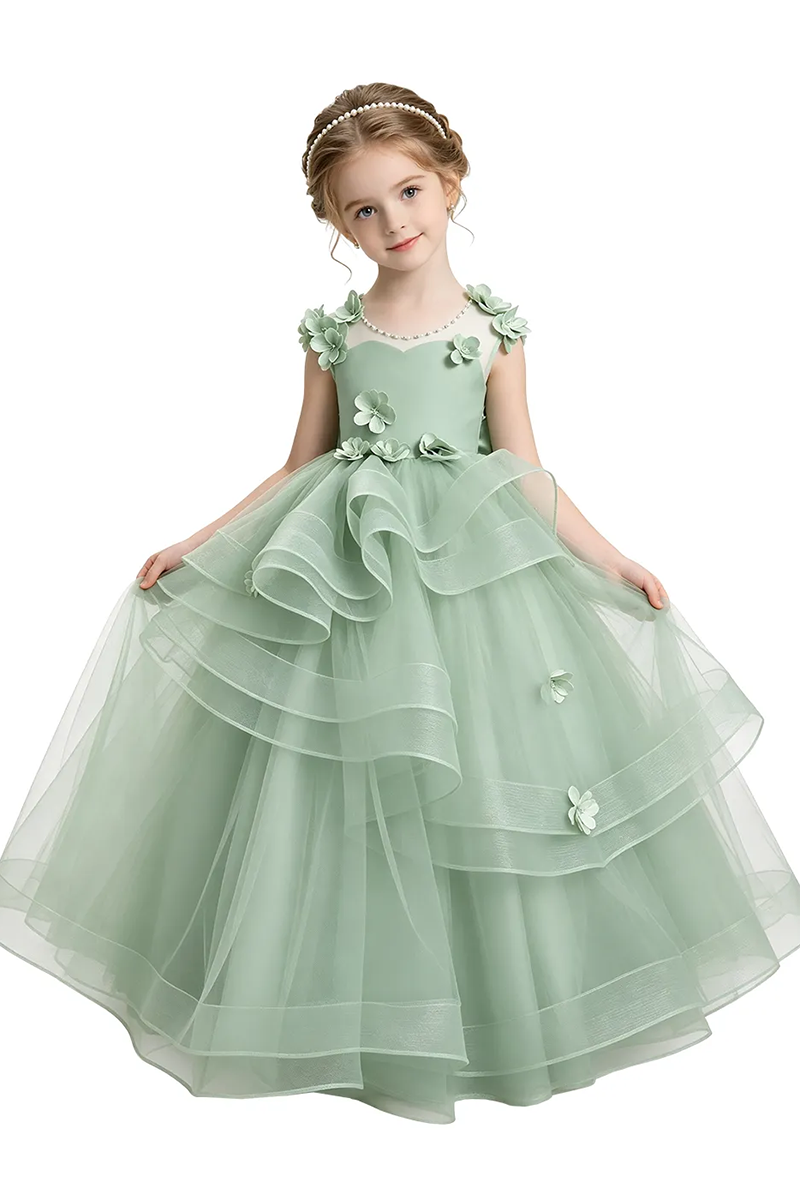 Girls Sage Sleeveless Heart Neck Tulle Floor Gown with 3D Florals & Ruffled Layers