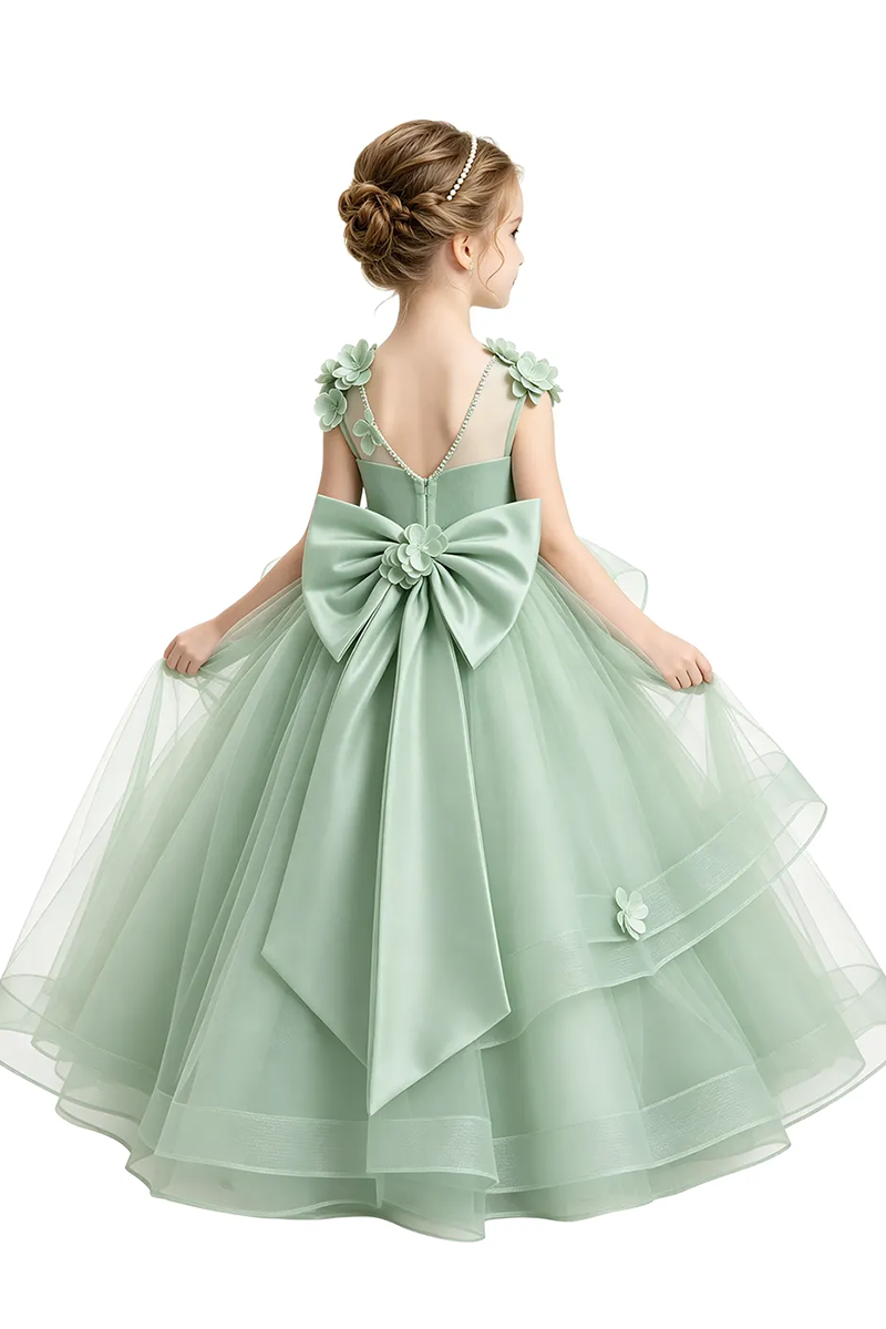 Girls Sage Sleeveless Heart Neck Tulle Floor Gown with 3D Florals & Ruffled Layers