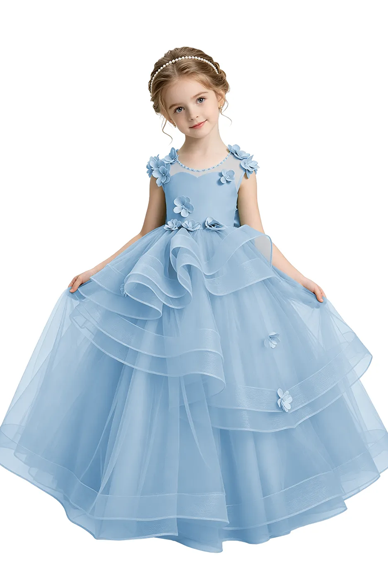 Girls Sage Sleeveless Heart Neck Tulle Floor Gown with 3D Florals & Ruffled Layers