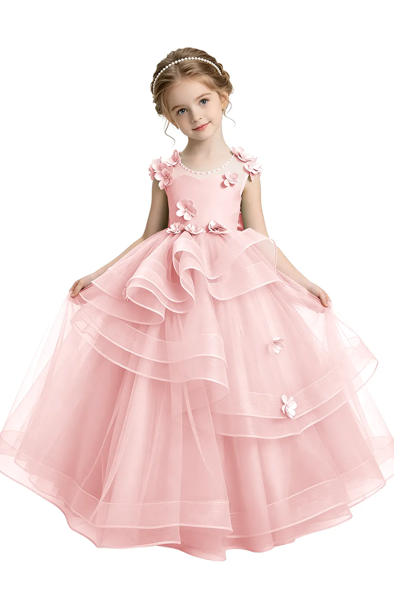Girls Sage Sleeveless Heart Neck Tulle Floor Gown with 3D Florals & Ruffled Layers