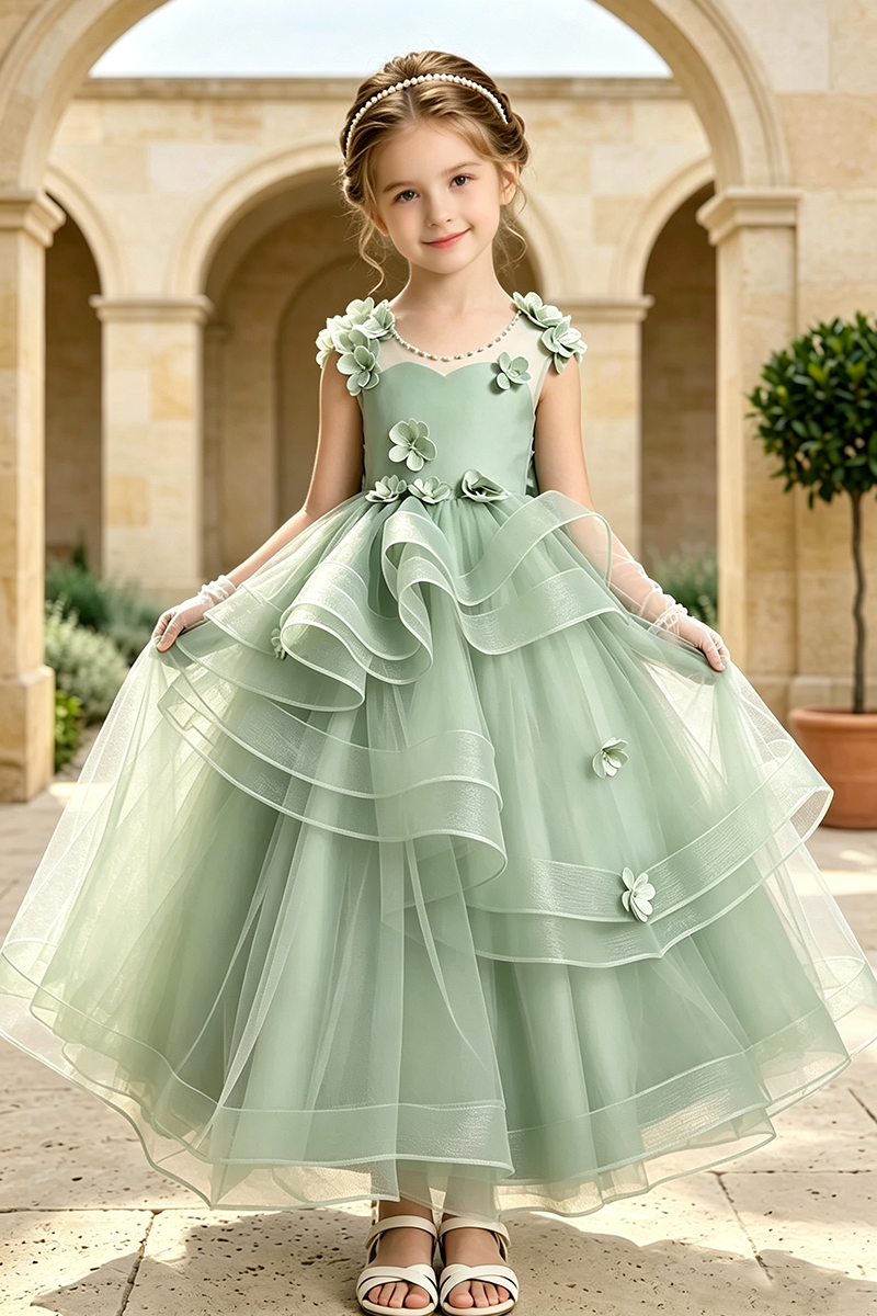 Girls Sage Sleeveless Heart Neck Tulle Floor Gown with 3D Florals & Ruffled Layers