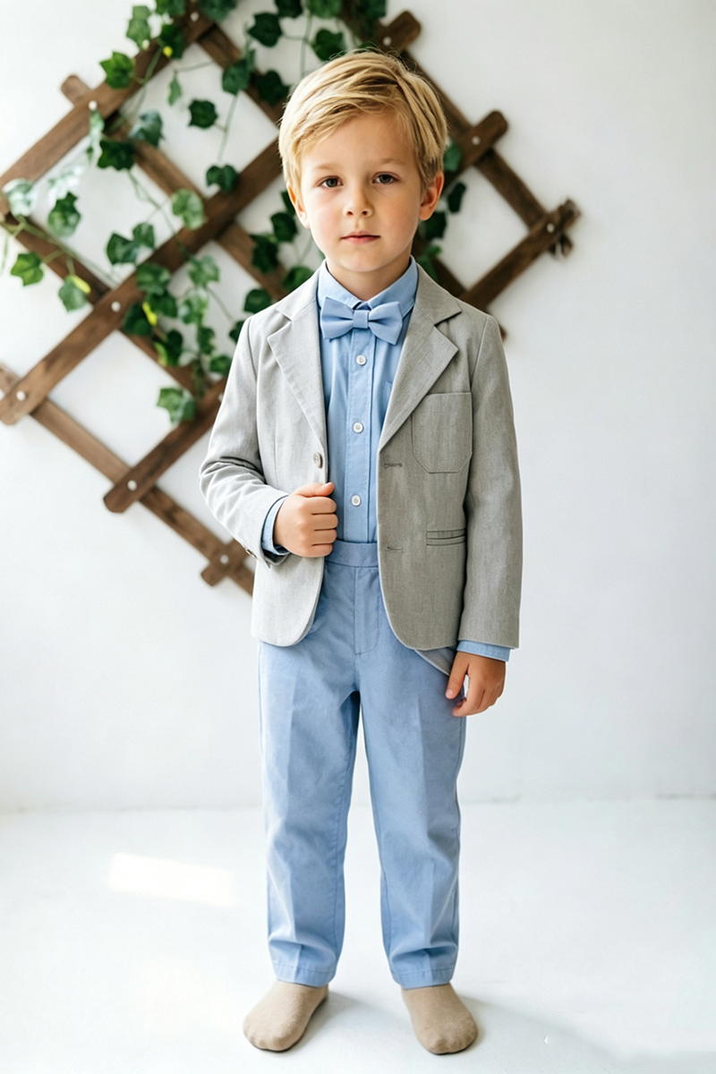 Boys Light Grey Notch Lapel Blazer & Sky Blue Trousers 2-Piece Suit