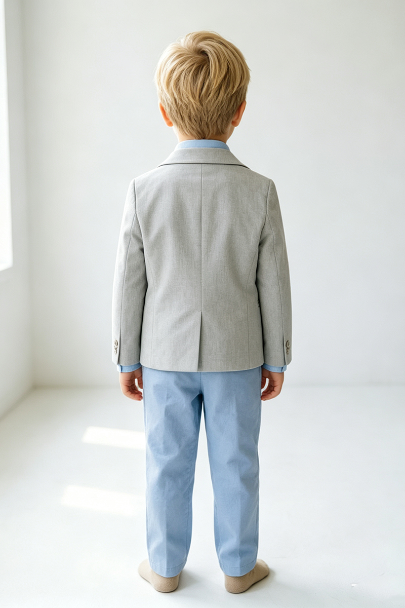 Boys Light Grey Notch Lapel Blazer & Sky Blue Trousers 2-Piece Suit