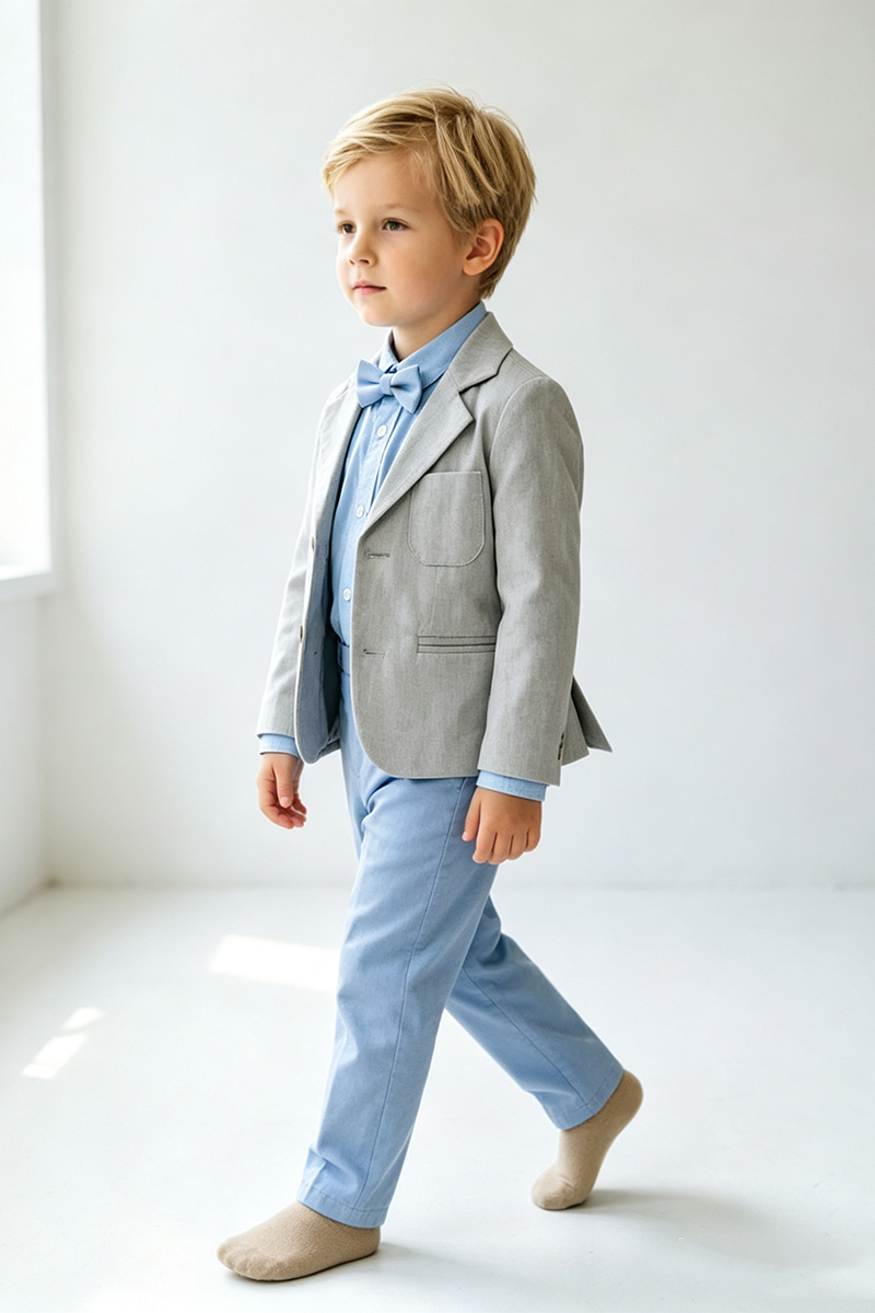 Boys Light Grey Notch Lapel Blazer & Sky Blue Trousers 2-Piece Suit