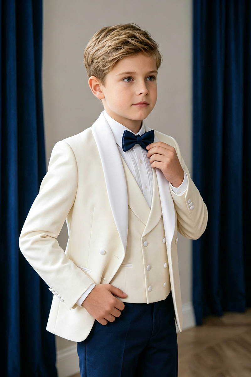 Boys Cream Shawl Lapel Double Breasted 3-Piece Suit for Wedding