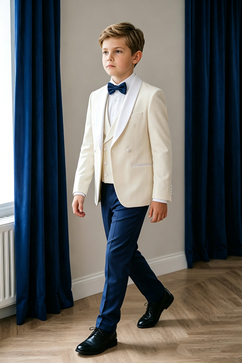 Boys Cream Shawl Lapel Double Breasted 3-Piece Suit for Wedding