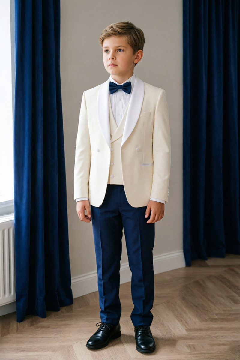 Boys Cream Shawl Lapel Double Breasted 3-Piece Suit for Wedding