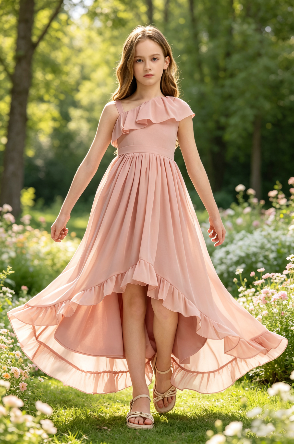 Pink Asymmetrical Ruffle Chiffon High-Low A-Line Flower Girl Dress