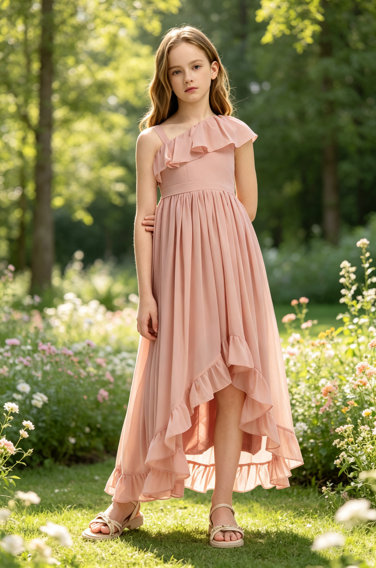 Pink Asymmetrical Ruffle Chiffon High-Low A-Line Flower Girl Dress