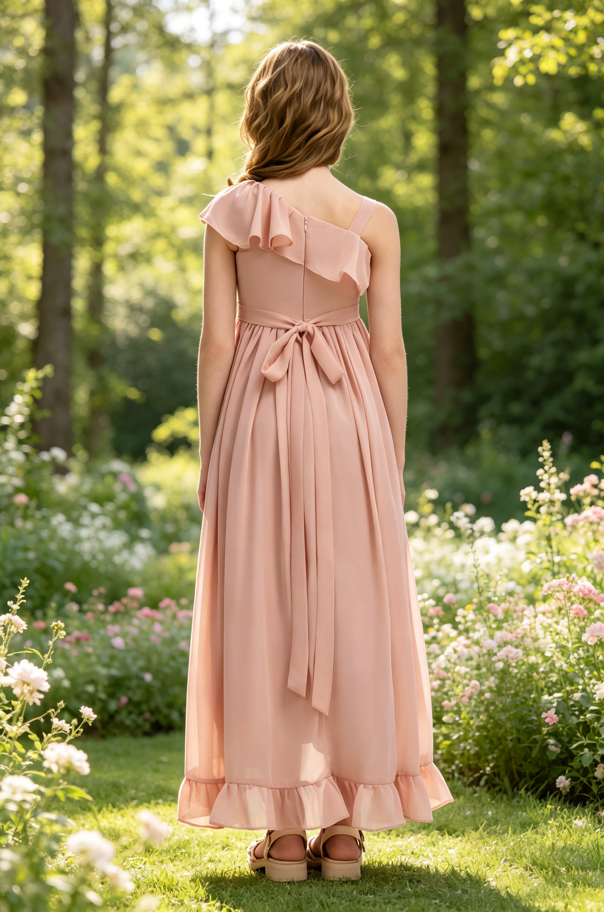 Pink Asymmetrical Ruffle Chiffon High-Low A-Line Flower Girl Dress