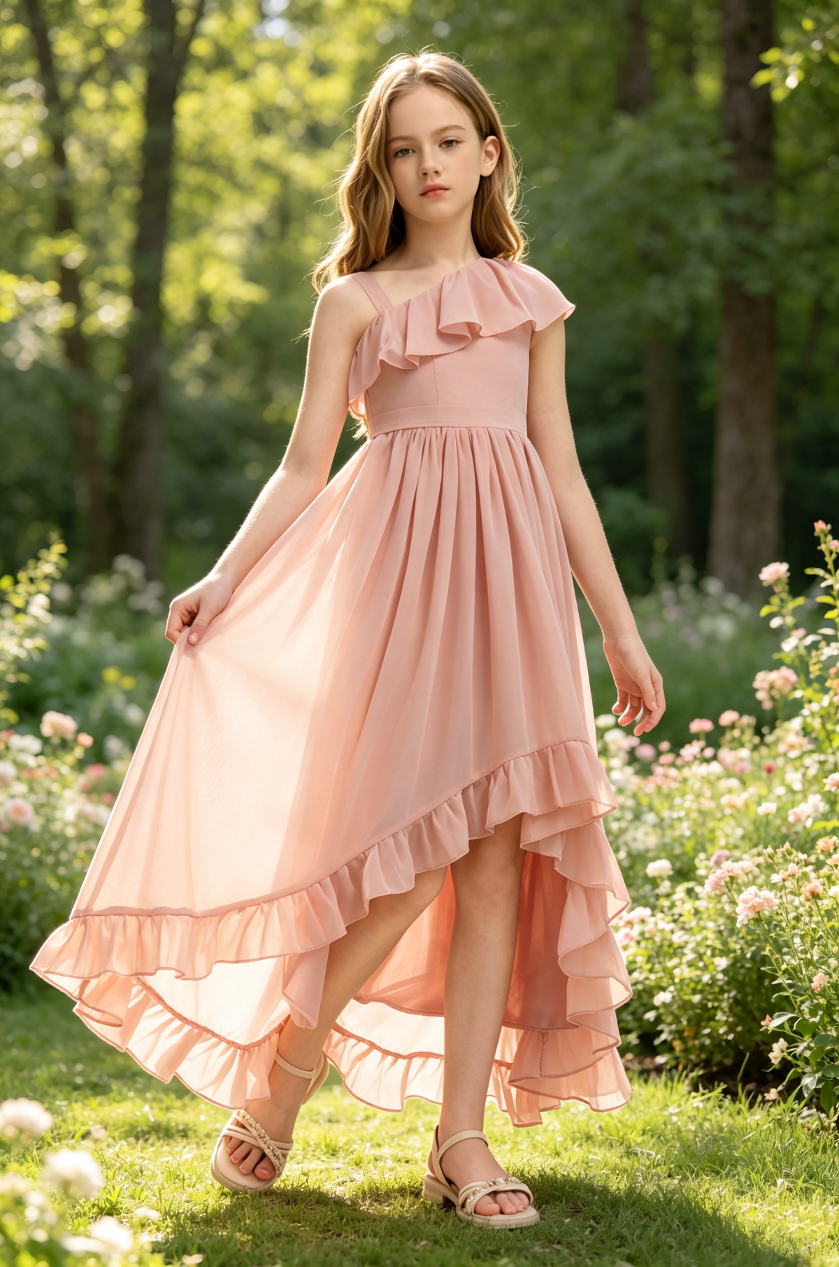 Pink Asymmetrical Ruffle Chiffon High-Low A-Line Flower Girl Dress
