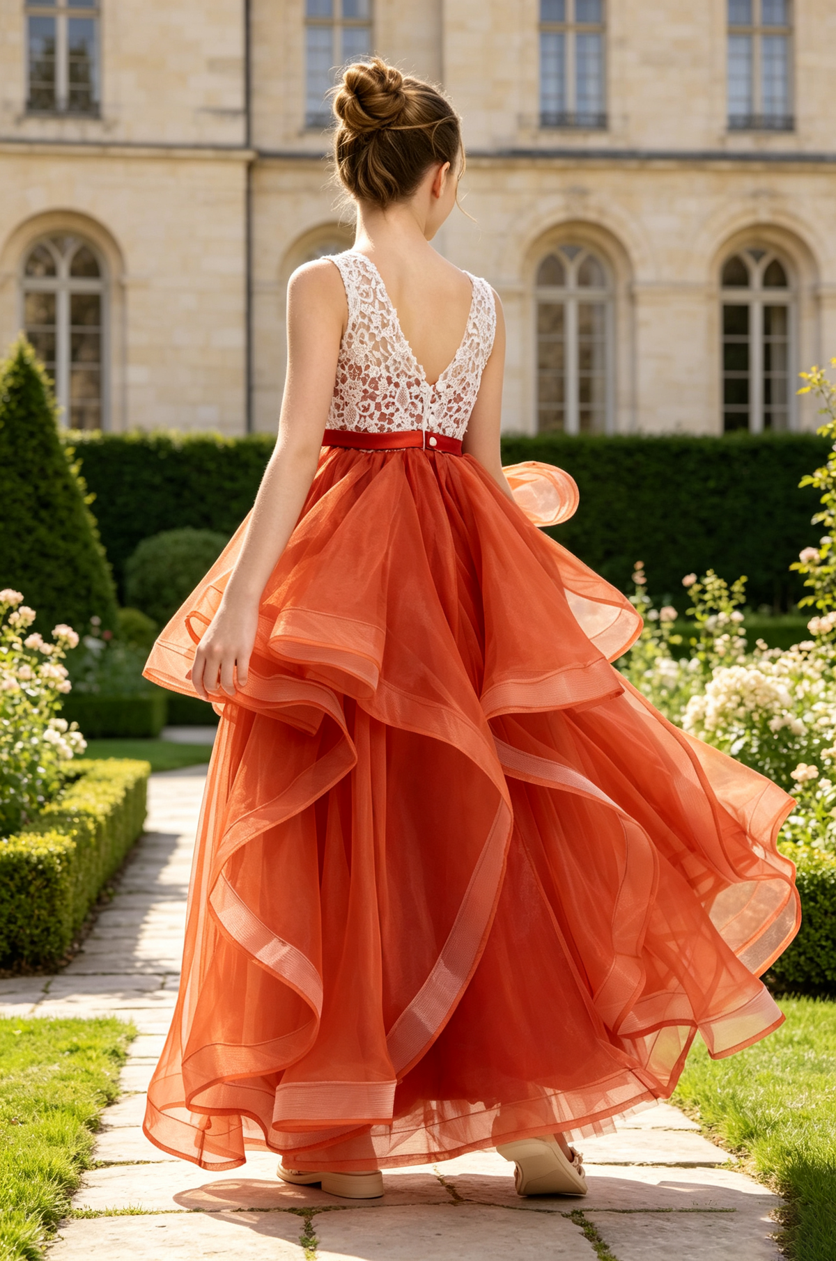 Burnt Orange Lace Ruffled Tulle A-Line Flower Girl Formal Dress