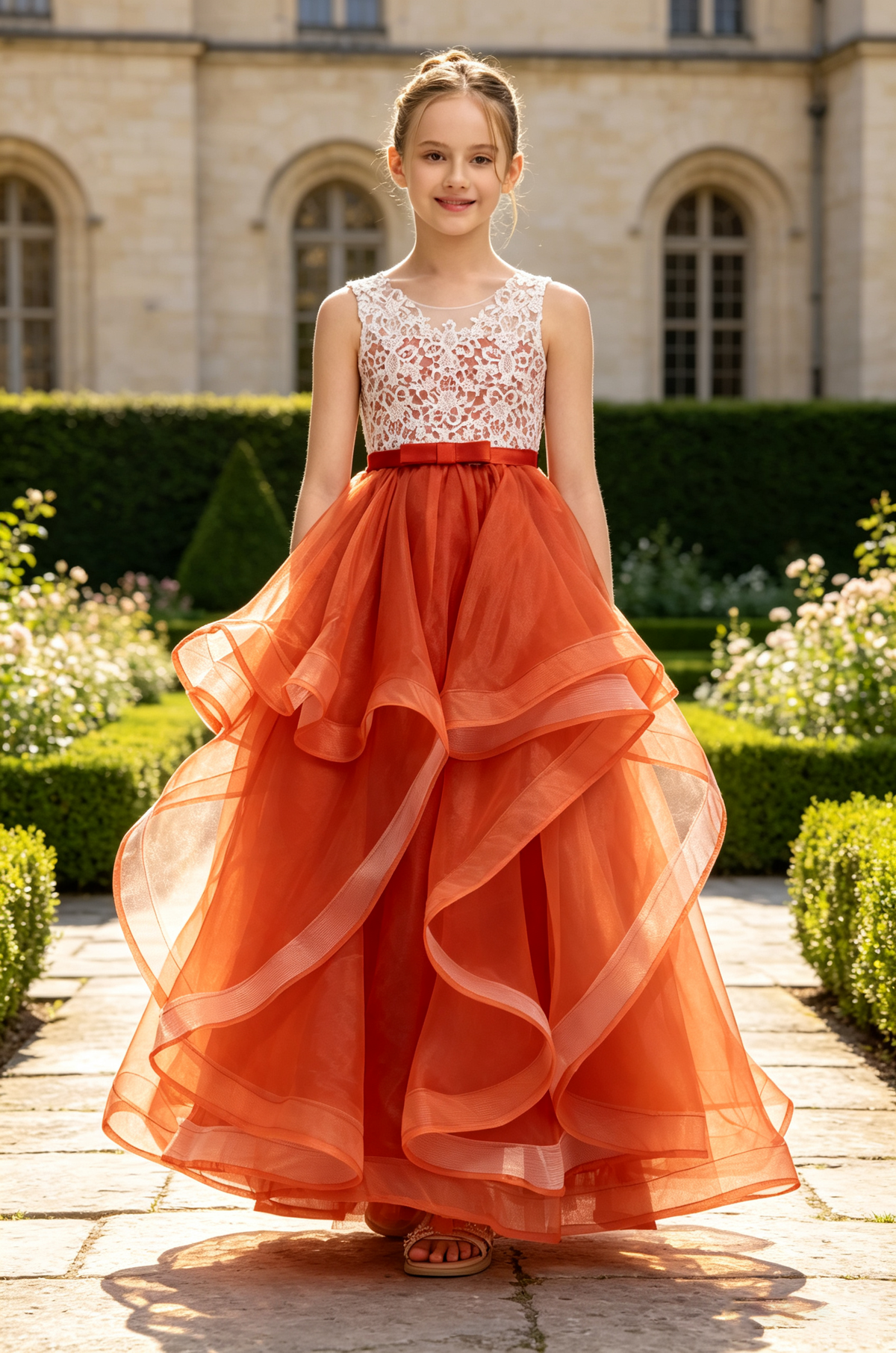Burnt Orange Lace Ruffled Tulle A-Line Flower Girl Formal Dress