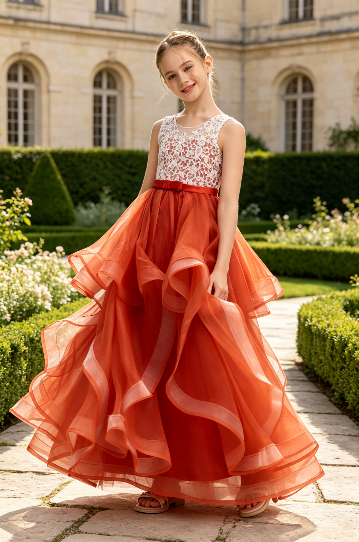 Burnt Orange Lace Ruffled Tulle A-Line Flower Girl Formal Dress