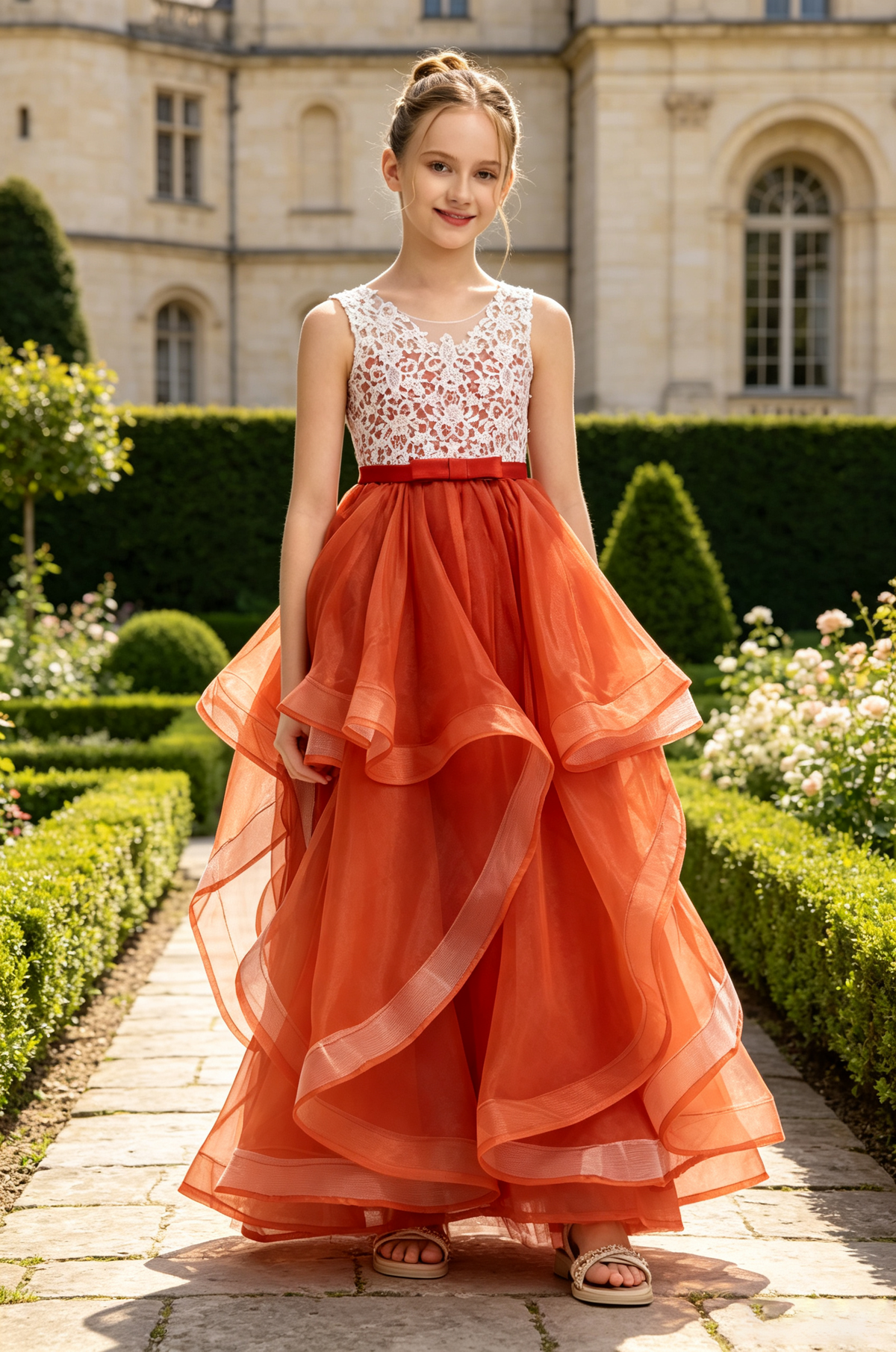Burnt Orange Lace Ruffled Tulle A-Line Flower Girl Formal Dress