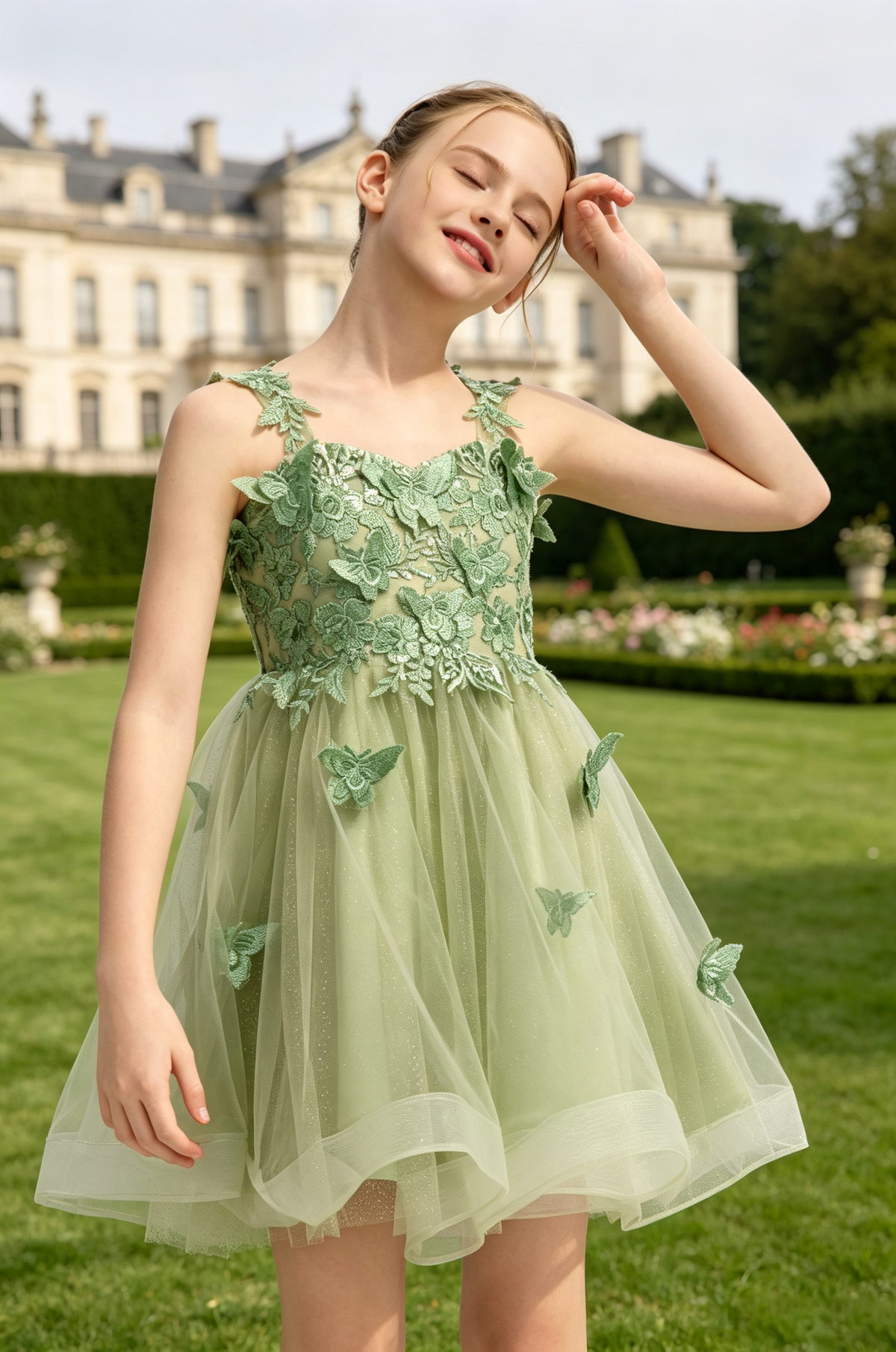Sage Green 3D Butterfly Lace Glitter Tulle A-Line Flower Girl Dress