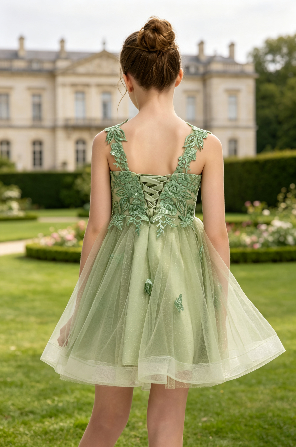 Sage Green 3D Butterfly Lace Glitter Tulle A-Line Flower Girl Dress