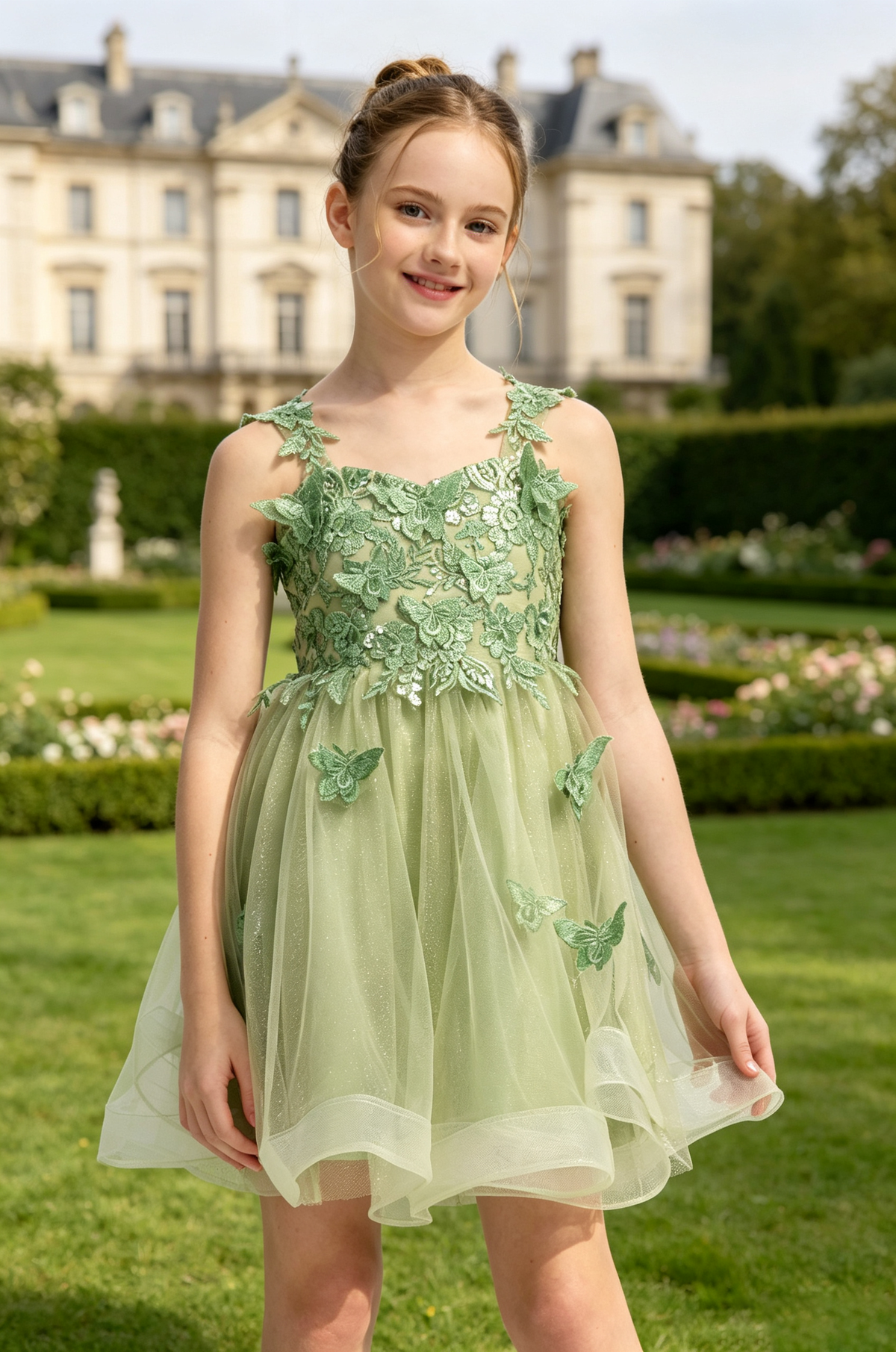 Sage Green 3D Butterfly Lace Glitter Tulle A-Line Flower Girl Dress