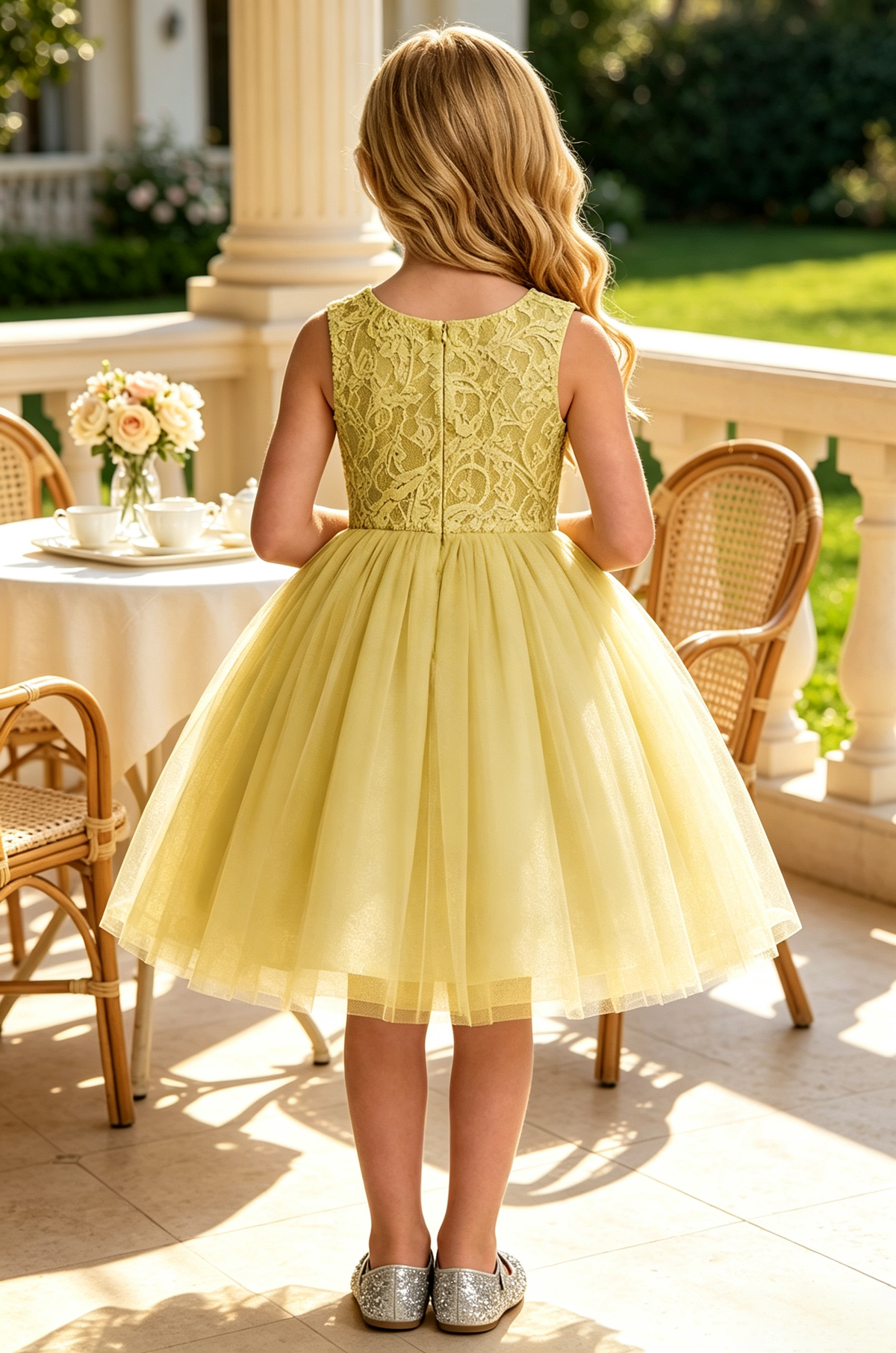 Yellow Sleeveless Lace Glitter Tulle A-Line Flower Girl Midi Dress