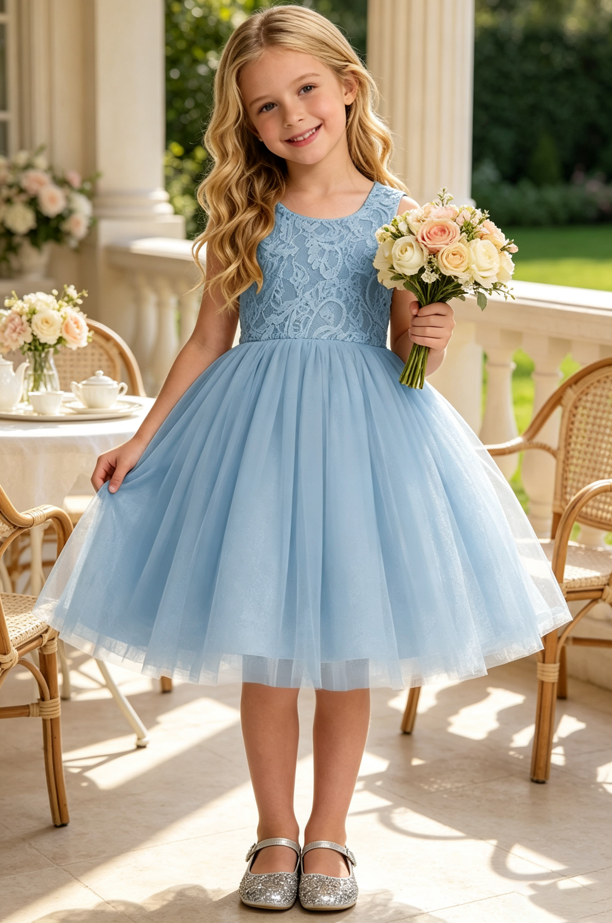 Yellow Sleeveless Lace Glitter Tulle A-Line Flower Girl Midi Dress
