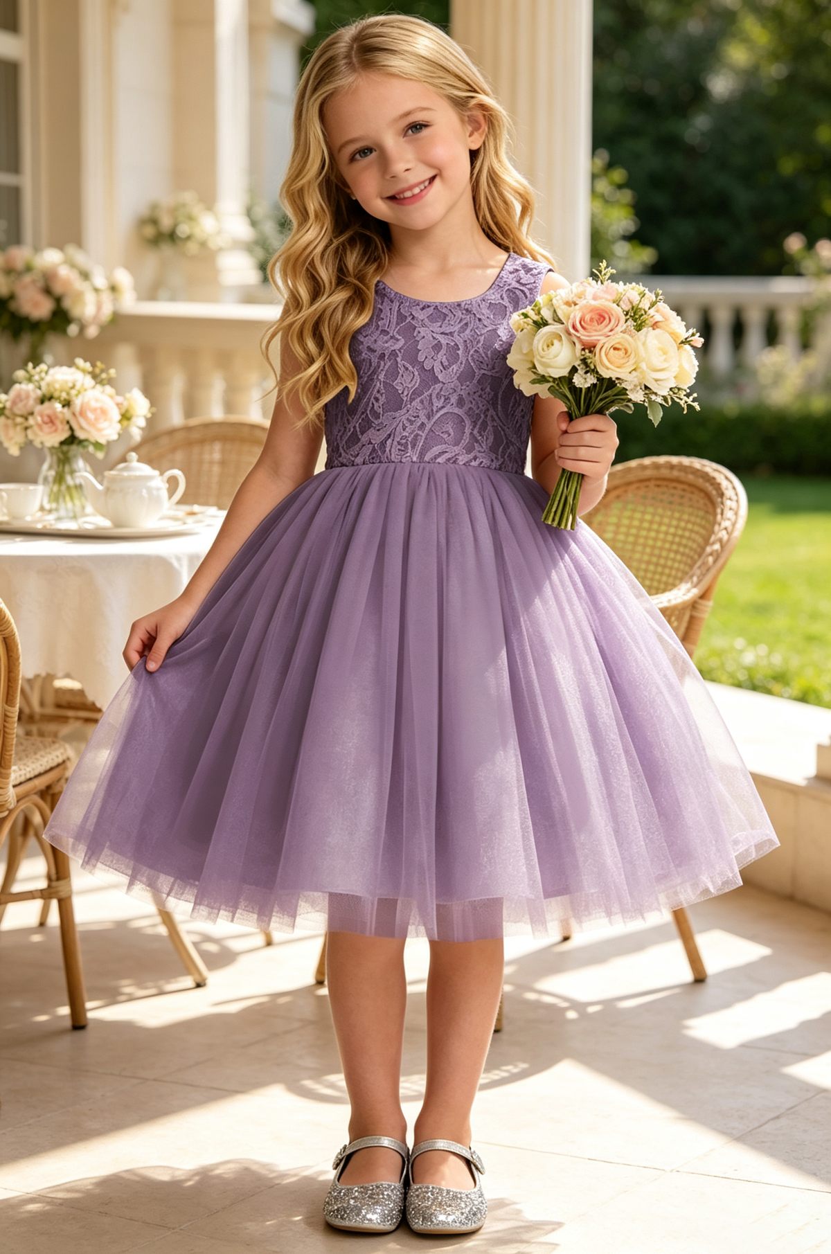 Yellow Sleeveless Lace Glitter Tulle A-Line Flower Girl Midi Dress