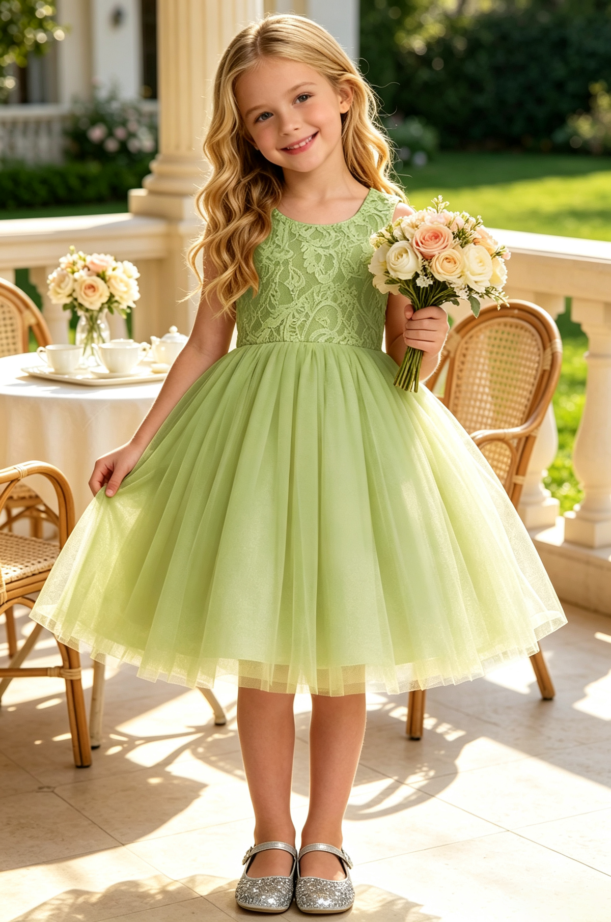 Yellow Sleeveless Lace Glitter Tulle A-Line Flower Girl Midi Dress