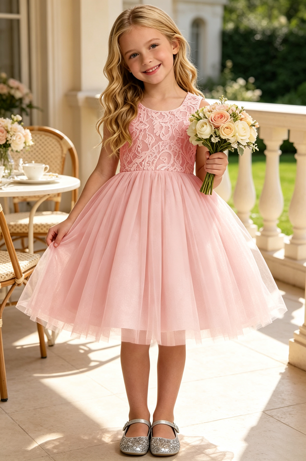 Yellow Sleeveless Lace Glitter Tulle A-Line Flower Girl Midi Dress