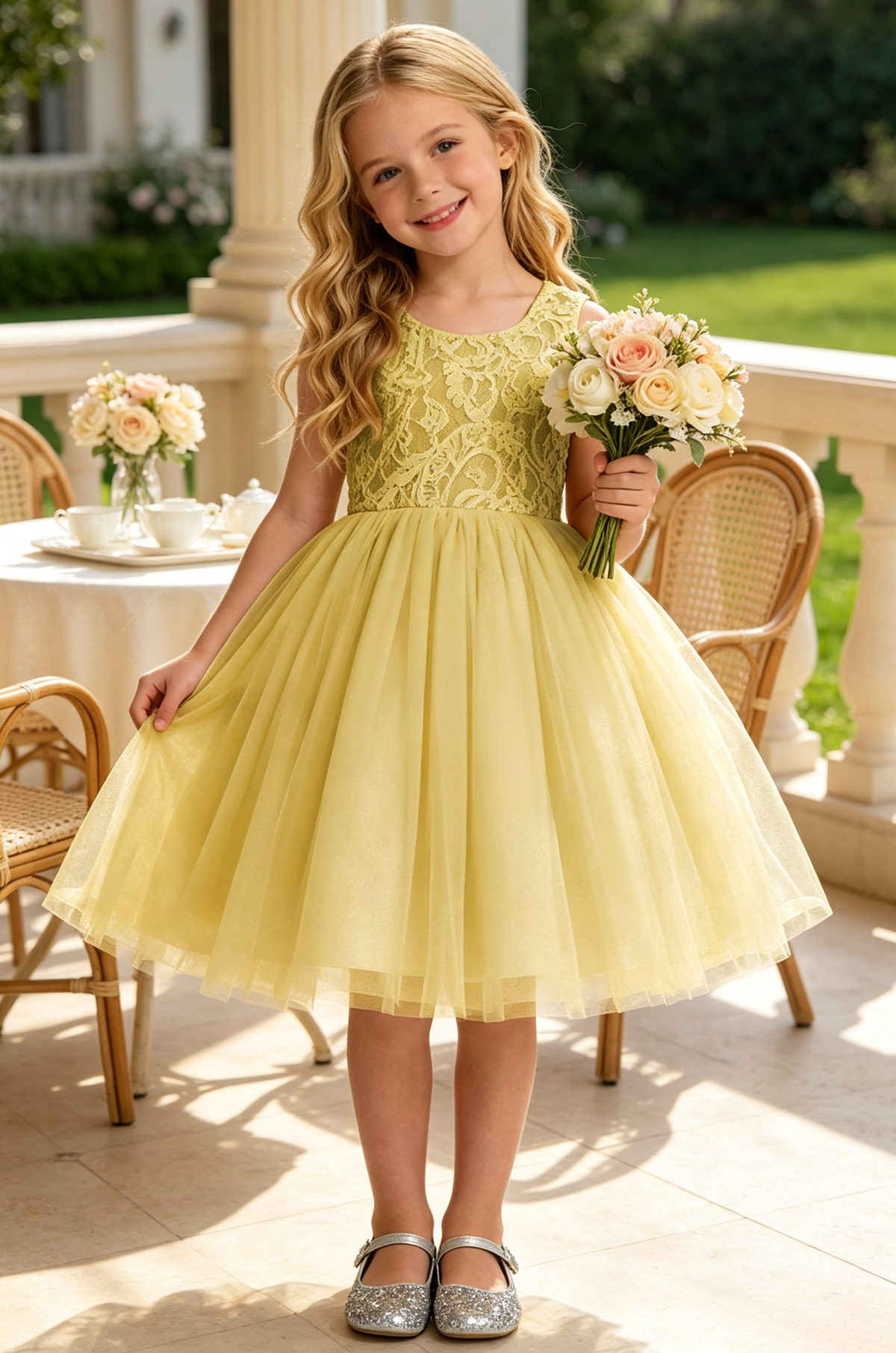 Yellow Sleeveless Lace Glitter Tulle A-Line Flower Girl Midi Dress