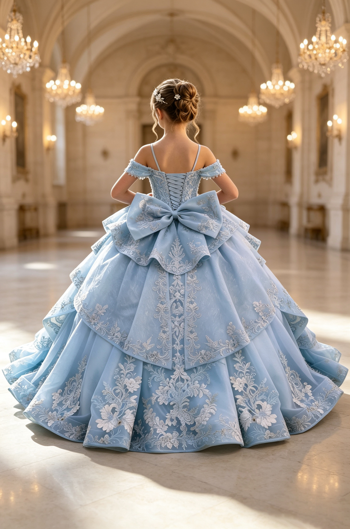 Sky Blue Off Shoulder Heavy Lace Tulle Floor-Length Princess Ball Formal Dress