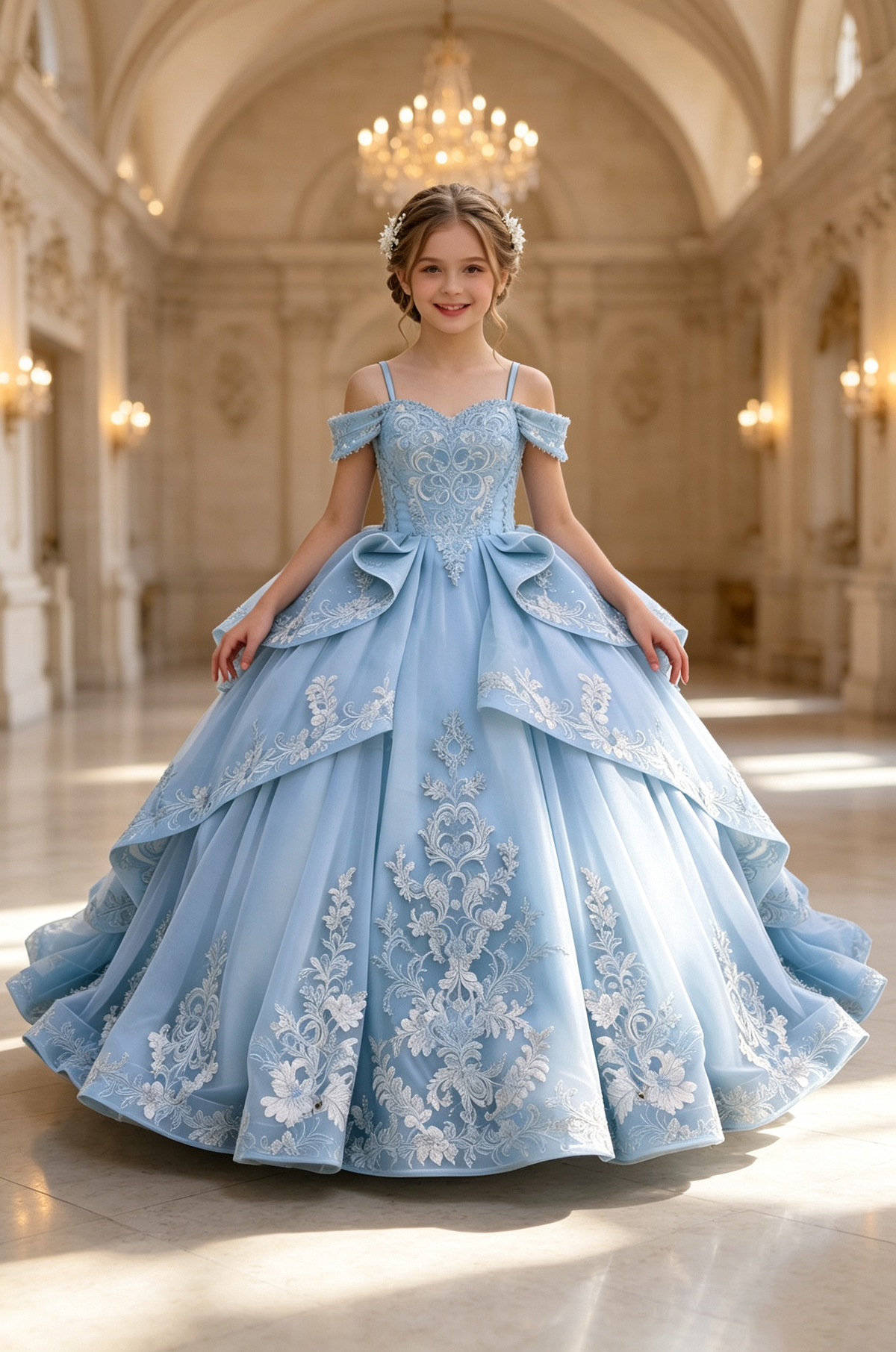 Sky Blue Off Shoulder Heavy Lace Tulle Floor-Length Princess Ball Formal Dress